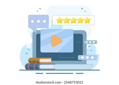 Distance learning and online education concept. online self-study on internet education platform. Student talking to teacher. Course review. Flat Cartoon Vector Illustration.
