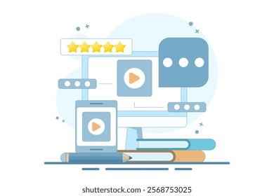 Distance learning and online education concept. online self-study on internet education platform. Student talking to teacher. Course review. Flat Cartoon Vector Illustration.
