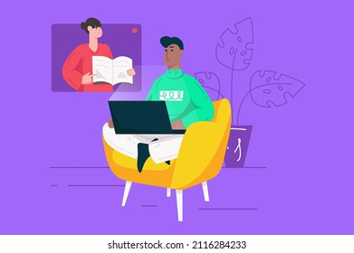 Distance learning and online education modern flat concept. Student watching webinar with teacher in laptop and sitting in armchair at home. Vector illustration with people scene for web banner design