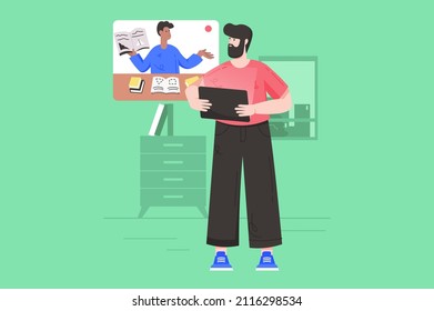 Distance learning and online education modern flat concept. Student watches video lecture using tablet. Studying at college or university. Vector illustration with people scene for web banner design