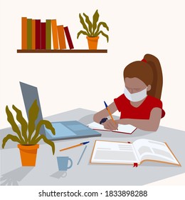 Distance learning online education. Sickness schoolgirl in medical mask studying at home, looking at laptop notebook and doing school homework. Training books and notebooks on table. Illustration.