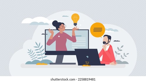 Distance learning and online education using internet tiny person concept. E learning video call for student knowledge development vector illustration. Remote university, school or college teaching.