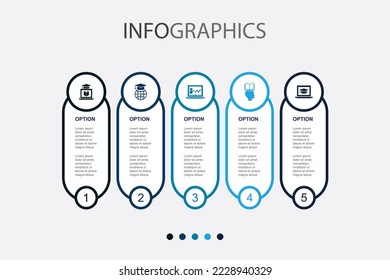 Aprendizaje a distancia, educación en línea, seminario web, proceso de aprendizaje, iconos de aprendizaje plantilla de diseño infográfico. Concepto creativo con 5 pasos