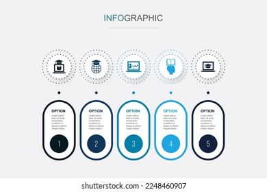 Aprendizaje a distancia, educación en línea, seminario web, proceso de aprendizaje, aprendizaje, iconos Plantilla de diseño de diseño de diseño de infografía. Concepto de presentación creativa con 5 pasos