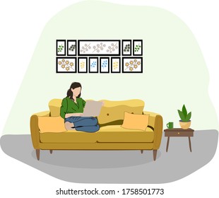 Distance learning online education and work. Working at home, coworking space, concept illustration. Young womаn freelancer working on laptop at home. Vector flat style illustration 