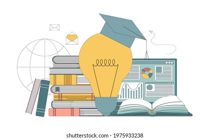 Distance learning online. Getting an education using books and gadgets. Vector illustration.
