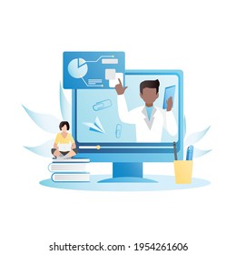 Distance learning online at home. Online doctor. Expert advice via your computer, concept of online diagnostics. Teacher, professor tells lectures, seminars, webinars, courses, lessons on Internet.