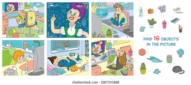 Distance learning. Online math lesson. Find the 16 hidden objects in the picture. Hidden objects puzzle. Funny cartoon characters. Vector illustration 