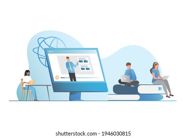 Distance learning online on Internet. Teacher gives lectures, teaches to pupils, students. Conduct seminar, webinar on website via video. Getting education in computer, laptop at institute,university.