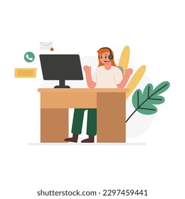 Distance learning, online support. Female character with headset responds to notification from laptop. Emails, video calls, messenger. Modern communication via Internet. Color vector illustration