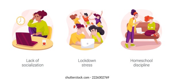 Distance learning problems isolated cartoon vector illustration set. Lack of socialization, lockdown stress, homeschool discipline, misbehaving child, homeschooling problem vector cartoon.