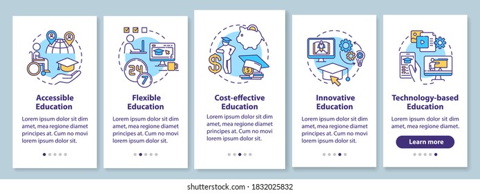 Distance learning pros onboarding mobile app page screen with concepts. Accessible education. Remote education walkthrough 5 steps graphic instructions. UI vector template with RGB color illustrations