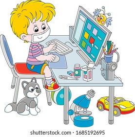 Distance learning in quarantine at home, a small cheerful schoolboy in a mask sitting at his computer and studying educational materials on a school site during flu epidemic, vector illustration