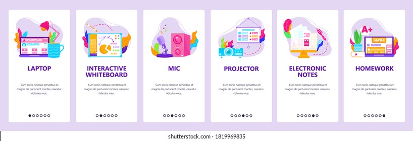 Distance learning and remote education. Video conference technology. Homework. Mobile app screens. Vector banner template for website and mobile development. Web site design illustration.