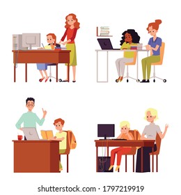 Distance learning, remote online school and Internet resources for kids. Child and parent study sitting at desk with a computer or laptop. Set of flat isolated vector illustrations