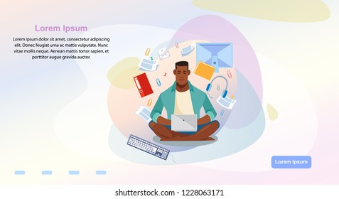 Distance Learning or Remote Work Service Cartoon Vector Horizontal Web Banner, Landing Page Template with African-American Student Using Laptop, Working with Documents, Reading E-mail, Studying Online