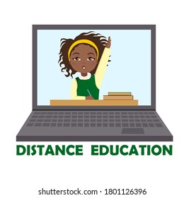 Distance learning. A schoolgirl is sitting at a Desk. A dark-skinned Girl answers the question. Vector illustration on a white background. Stock image.