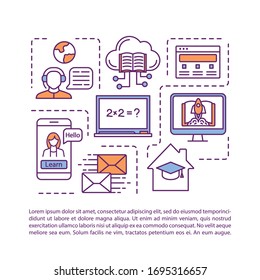 Distance learning, schooling concept icon with text. Online tution. Education, knowledge. PPT page vector template. Brochure, magazine, booklet design element with linear illustrations