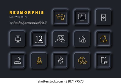 Distance learning set icon. Academic cap, computer, phone, e book, textbook, home, online, internet, laptop, headphones, student, worldwide. Education concept. Neomorphism style. Vector line icon.