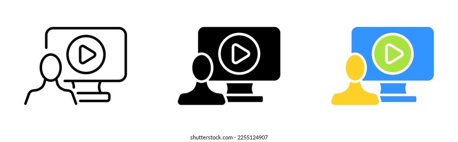 Distance Learning Set Symbol. Laptop, Student, Vortrag, Lernen, Konferenz, Online, Fernarbeit, Aufgabenverteilung. Vektorsymbol in line, schwarz und bunter Stil auf weißem Hintergrund