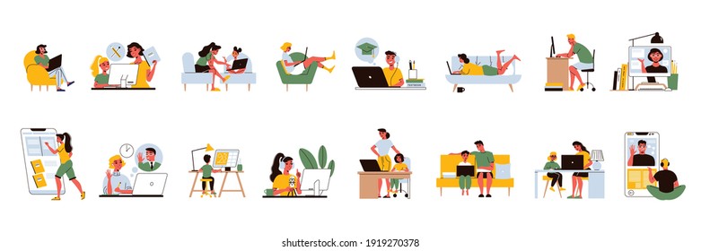 Conjunto de aprendizaje a distancia de iconos aislados con personas en casa lugares de trabajo y gadgets electrónicos con tutores ilustración vectorial