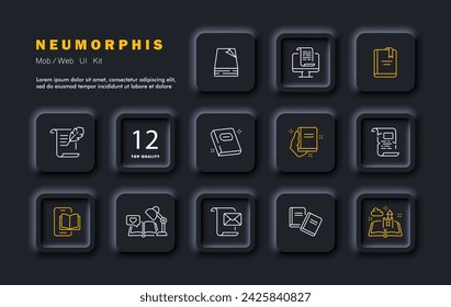 Distance learning set line icon. Electronic book, dessert, preparation for classes, imagination, smartphone, scroll, mail. Vector line icon for business and advertising