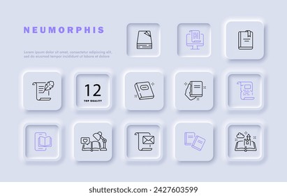 Distance learning set line icon. Laptop, online meeting, coursework, lecture, book, university, quarantine, self-isolation. Neomorphism style. Vector line icon for business and advertising