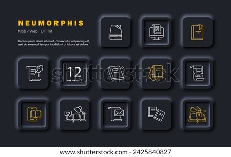 Distance learning set line icon. Electronic book, dessert, preparation for classes, imagination, smartphone, scroll, mail. Vector line icon for business and advertising