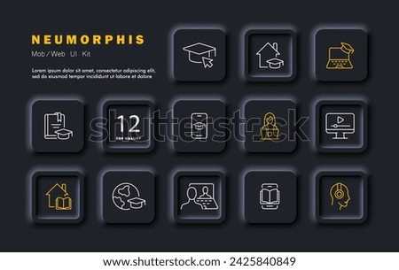 Distance learning set line icon. Laptop, book, university, online meeting, coursework, lecture,quarantine, self-isolation. Neomorphism style. Vector line icon for business and advertising