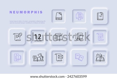 Distance learning set line icon. Laptop, online meeting, coursework, lecture, book, university, quarantine, self-isolation. Neomorphism style. Vector line icon for business and advertising
