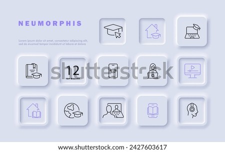 Distance learning set line icon. Laptop, online meeting, coursework, lecture, book, university, quarantine, self-isolation. Neomorphism style. Vector line icon for business and advertising