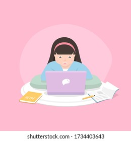 Distance learning solutions. Cute little girl using laptop for online education at home. Learn at home concept.