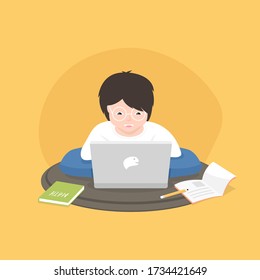 Distance learning solutions. Cute little boy using laptop for online education at home. Learn at home concept.