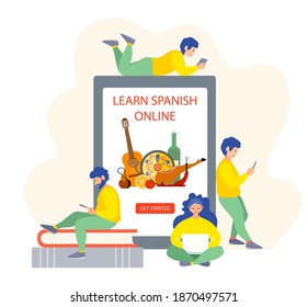 Distance learning Spanish courses. Online education. A group of people are trained remotely via the Internet. Modern technology helps you learn. Vector illustration. e-learning,