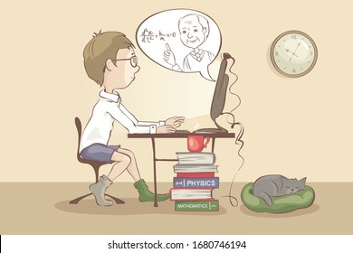 Distance learning. Student listening to a lecture in physics online, funny vector illustration