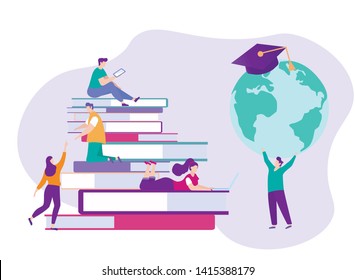 Distance Learning. Students Goal Achievement. E-Learning. Vector Illustration. Getting Diploma. Sign Contract. Achive Goal. Remote Access. Stack of Books. Engage in Self-Development.