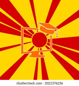 Distance learning symbol on a background of red flash explosion radial lines. A large orange symbol is located in the center of the sunrise. Vector illustration on yellow background