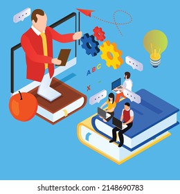 Distance learning - Teacher teaching online on monitor isometric 3d vector illustration concept - Students working with laptop on top of books