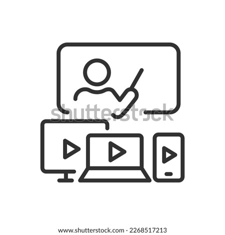 Distance learning through a variety of devices, linear icon. Laptop, computer, and smartphone. Man at the blackboard. Line with editable stroke