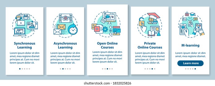 Distance learning types onboarding mobile app page screen with concepts. Open online courses. Remote education walkthrough 5 steps graphic instructions. UI vector template with RGB color illustrations