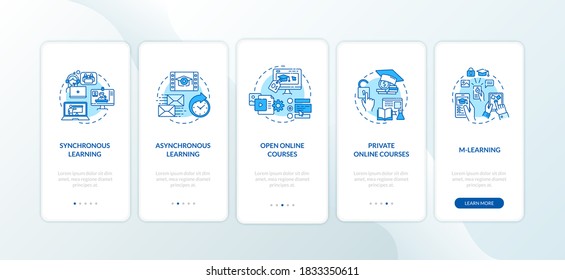 Distance learning types onboarding mobile app page screen with concepts. Synchronous learning. E learning walkthrough 5 steps graphic instructions. UI vector template with RGB color illustrations