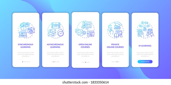 Distance learning types onboarding mobile app page screen with concepts. Asynchronous learning. Walkthrough 5 steps graphic instructions. UI vector template with RGB color illustrations