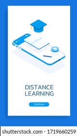 Distance learning using the application in the smartphone. A notebook, pen, media player icon and graduate cap are hanging above the phone. Vector isometric illustration on a white background.