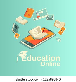 Distance learning using a smartphone. Media, e-books, video, text, video chat, chat. Vector illustration, flat style, turquoise background.