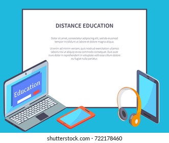 Distance learning and various helpful devices including big screen smartphone, orange headphones and tablet isolated 3d vector illustration