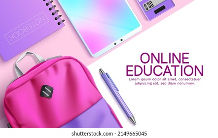 Distance learning vector background design. Online education text with backpack bag, tablet and calculator device in pastel color for home school educational learning tools. Vector illustration.  
