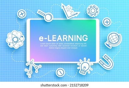 Distance Learning Vector Concept Design. E-learning Text In Tablet Phone With Paper Cut Knowledge Elements For Online Education Study. Vector Illustration.
