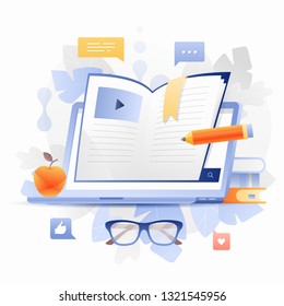 Distance learning vector concept with an open laptop, e-book sticking out of screen, books, apple and eye glasses. Isolated on white background.