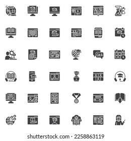 Juego de iconos vectoriales de aprendizaje a distancia, colección de símbolos sólidos modernos de e-learning, paquete de pictogramas estilo relleno. Ilustración del logotipo de los carteles. El conjunto incluye iconos como curso de vídeo, biblioteca de ebook, capacitación en seminarios web