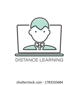 Distance learning. Vector line icon teacher, student. Template for a thematic site. Outline symbol 